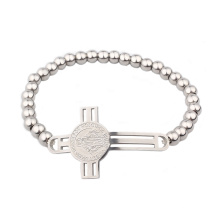 Stretchable Virgin Mary Christian Cross Charm Pendent Stainless Steel Beads Bracelet